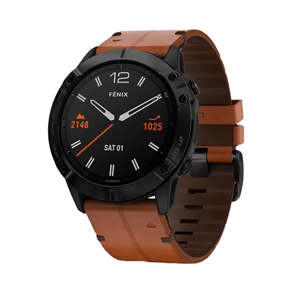 Часы Garmin Fenix 6X Sapphire черный DLC с каштановым кожаным ремешком
